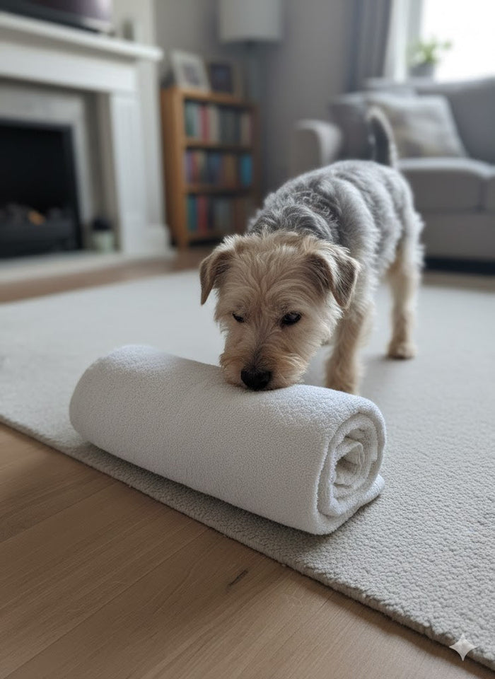 Towel roll enrichment game for dogs with treats hidden inside