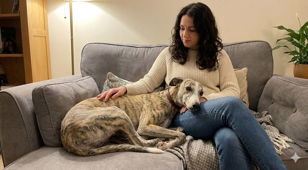 Calm dog with soft, relaxed facial expression and loose body posture